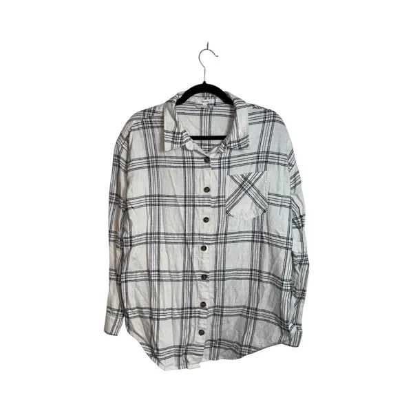 Maurices Cabin Plaid Boyfriend Button Down Shirt White Black Oversized - Image 2