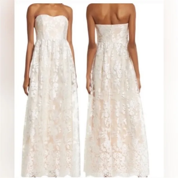 Lulus Beige with White Lace Overlay Strapless Dress Size Medium NWT - Image 2