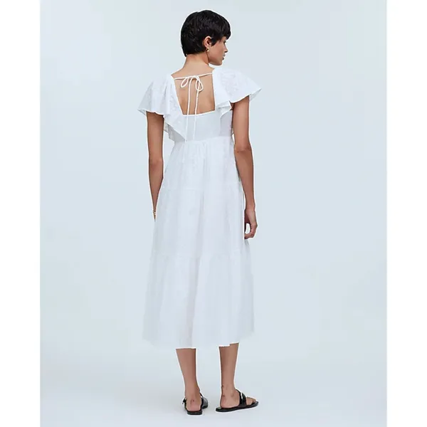 Madewell Tie Back Flutter Sleeve Tiered Midi Dress White Cottagecore US 00 NWT - Image 6