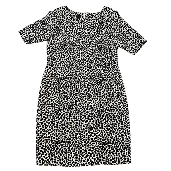 Talbots Womens 14 Animal Print Sheath Dress Short Sleeve Black White Knee Length - Image 2