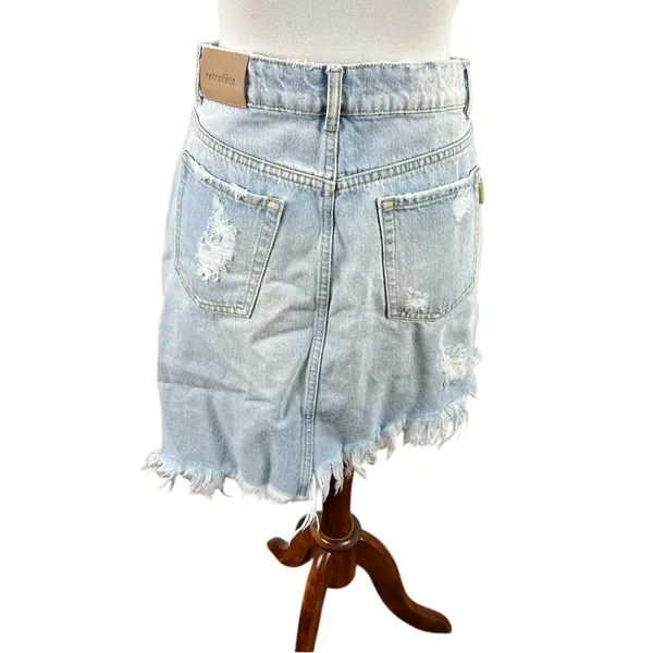 Retrofête Maeve Distressed Denim Mini Skirt Asymmetric Light Wash L - Image 3