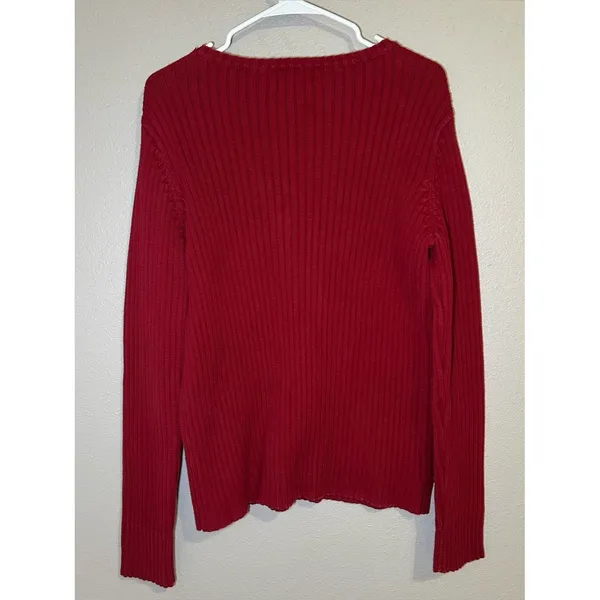 Ralph Lauren Vintage Red 100% Cotton Ribbed Knit Pullover Sweater Women Sz Large - Image 5