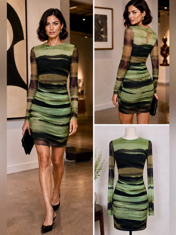 Anthropologie Ruched Sheer Mesh Bodycon Midi Dress Green Black XS🧡🍄 - Image 2