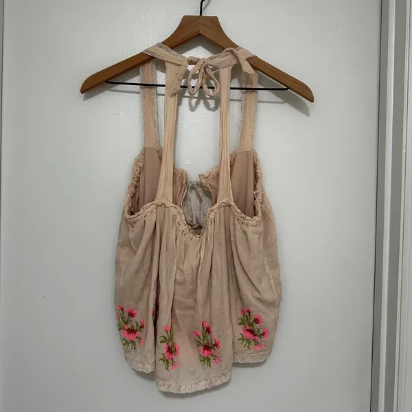 Free‎ People | Embroidered Floral Boho Beige Pink Lace Trim Tie Back Tank Top, M - Image 4