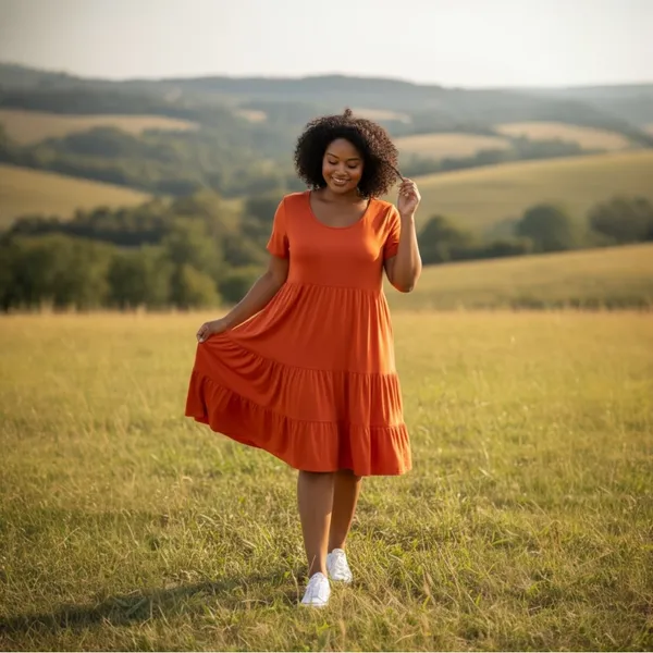 New York & Company Bold Orange Red Tiered Midi Dress - Image 4