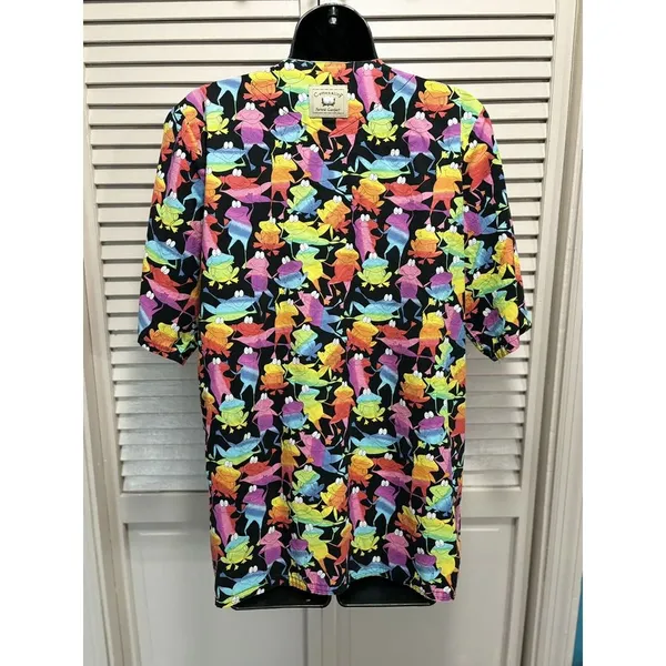 Cotonality Multi Colored Frogs Short Sleeve Snap‎ Up Round Pockets Size Small - Image 4