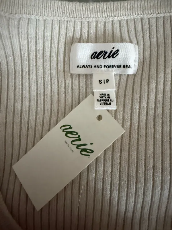 Aerie Ivory Ribbed Knit Tie Front Pullover Sweater Bow Accent Stretch S - Image 3