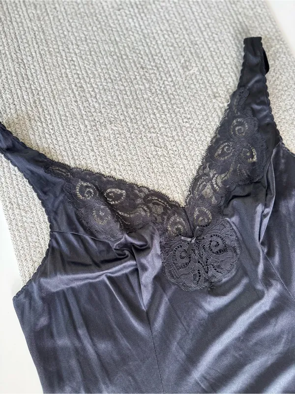 Vintage Bali Black Lace Trim Satin Chemise Slip Dress Size 34 - Image 7