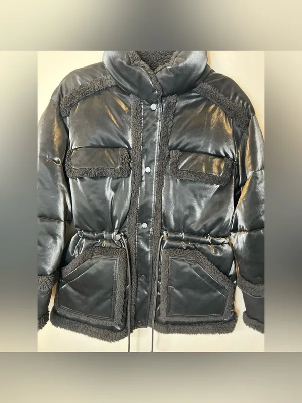 Alo Yoga Ice Breaker Oversized Satin Faux Leather Sherpa Puffer Jacket Size Med - Image 5