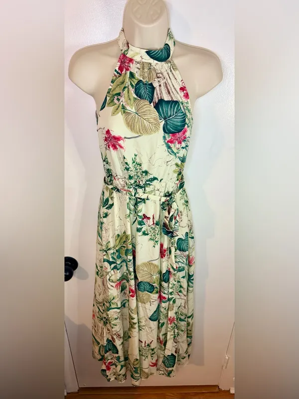 SHEIN XS 2 Tropical Floral Halter Maxi Dress Cream Green Pink Viscose Belted - Image 3