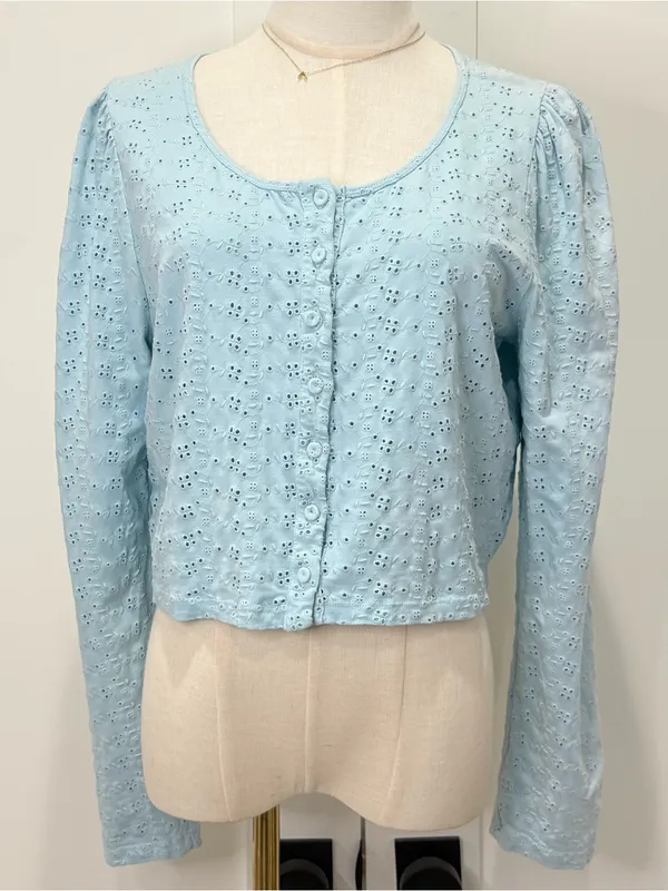 Love Shack Fancy Jonah Crop Cardigan XL Powder Blue Coquette Feminine Chic - Image 5