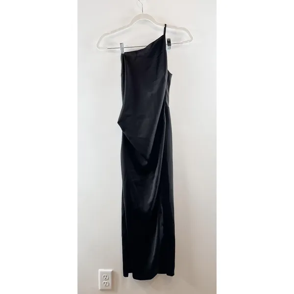Petal & Pup Satin Asymmetrical One Shoulder Cocktail Maxi Dress Black 2 - Image 2