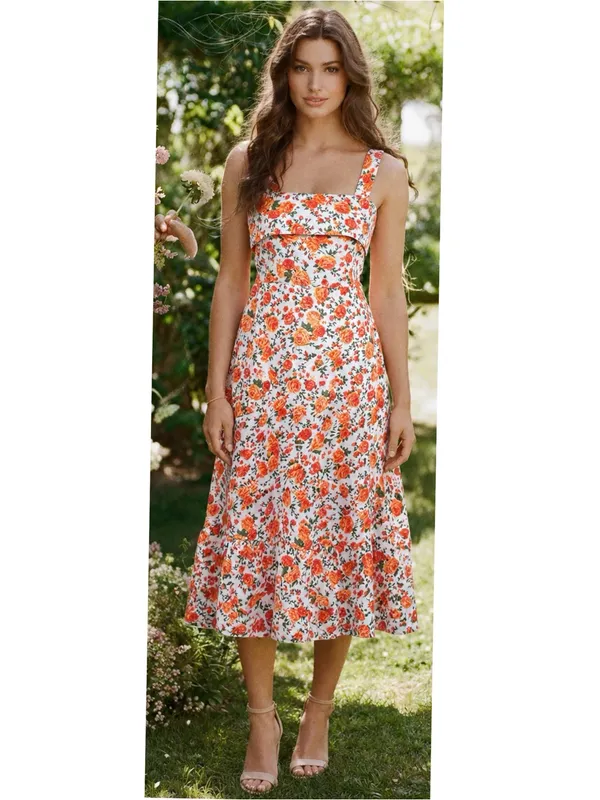 Boutique Floral Garden Party Midi Dress Tie Back Ruffle Hem Cotton Size Medium - Image 2