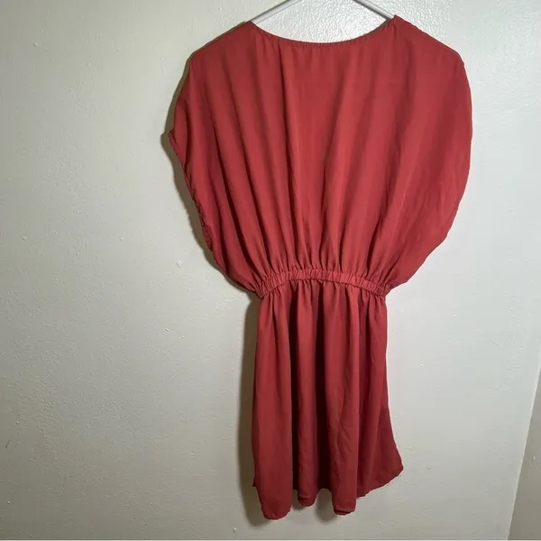 Womens Mini Dress V-Neck Short Dolman Sleeve Pink Red Elastic Waist A-Line Skirt - Image 5
