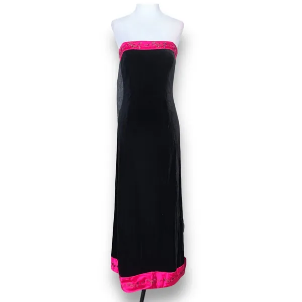 Vintage Dark Romance Velvet Strapless Maxi Dress Black Pink Rose Trim Romantic - Image 11