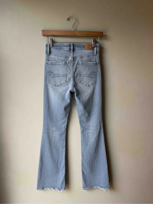 Y2K American Eagle Super High Rise Flare Jeans Distressed Raw Hem - Image 2