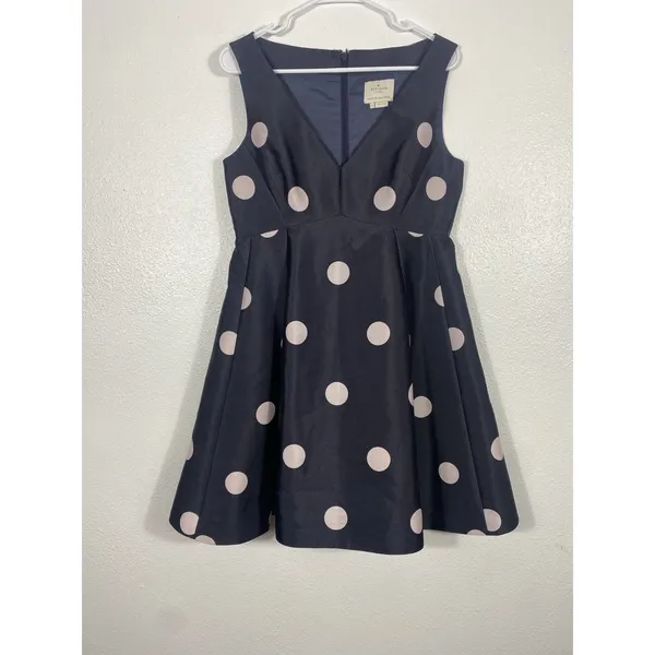 $448 KATE SPADE SPOTLIGHT V NECK BLACK & PINK POLKA DOT DRESS SIZE 8 A-Line - Image 3