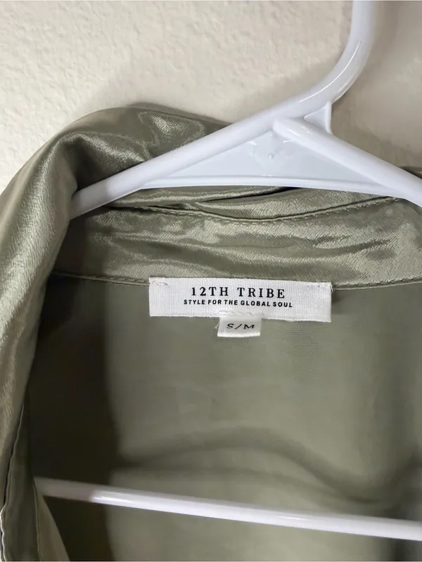 12th Tribe Olive Satin Tie-Front Button Down Shirt - Image 2
