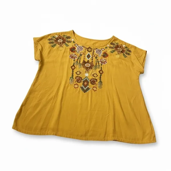 Solitaire Mustard Yellow Embroidered Boho Blouse Rayon Short Sleeve Top 21-232 M - Image 2