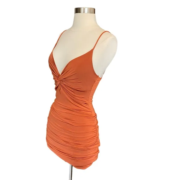 Better Be Ruched Body-con Plunge Mini Dress In Burnt Orange - Image 4