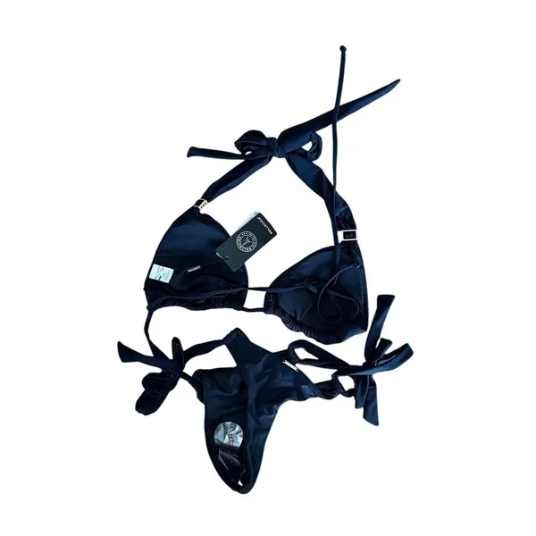 Relleciga Black Triangle Halter Bikini Set Gold Ring Hardware Side Tie Two Piece - Image 4