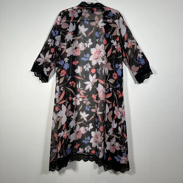 Torrid Floral Kimono Duster Women's 00/0 M/L Black Floral Lace Trim Long Open - Image 8