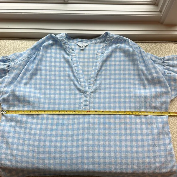 Crown & Ivy Baby Blue & White Plaid Short Flutter Sleeve Linen Blend Top size S - Image 7