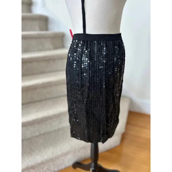 Vintage 90s Black Silk Sequin Straight Mini Skirt Whimsygoth Grunge Fairy - Image 4