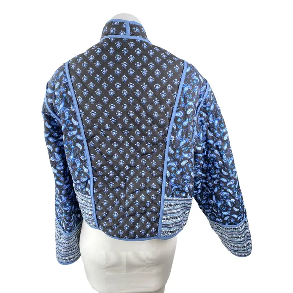 Reversible Women's Pink Blue Quilted Floral Open Front Crop Puffer Coat Jacket M - Image 4