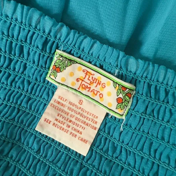 Flying Tomato BOHO Embroidered Floral Smocked Strapless Tiered Maxi Dress Womens S Teal Beach - Image 8