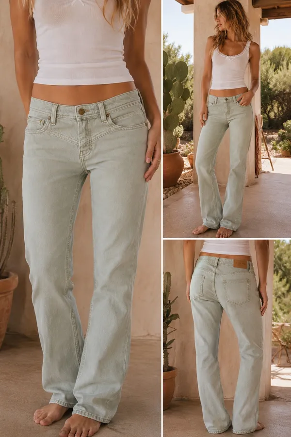 Free People We The Free Western Yoke Sage Green Low Rise Straight Denim Jeans - Image 2