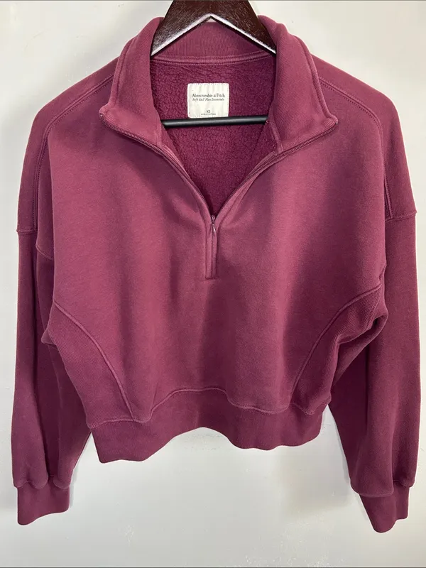Abercrombie & Fitch Plum Half-Zip Fleece Cotton Blend Pullover Sweatshirt - Image 9