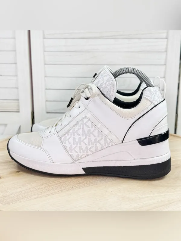 Michael Kors Georgie Logo Wedge Heel Leather Mid Top Sneakers White Black 8.5 - Image 3