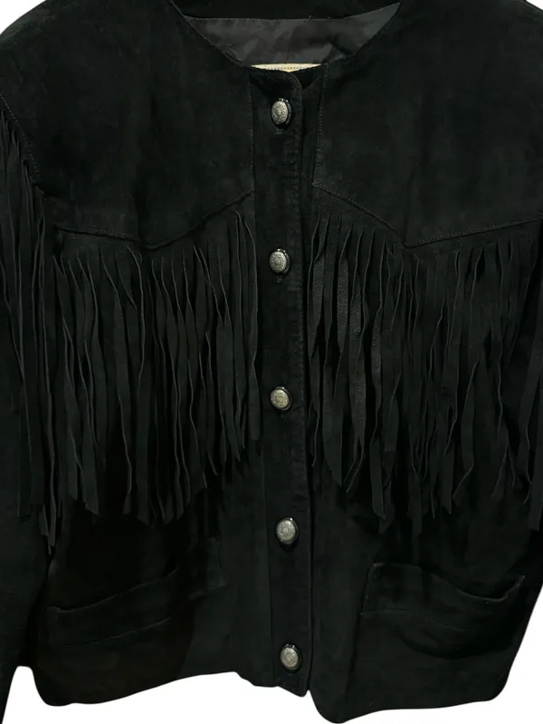 Vintage Black Suede Fringe Leather Cropped Western Boho Style Jacket Size: M - Image 4