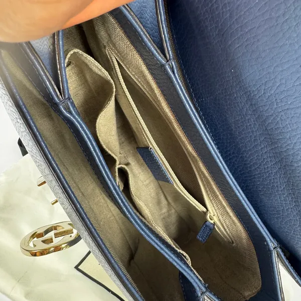 Gucci GG Interlocking Navy Leather Satchel with Gold Chain Made in Italy - Image 9
