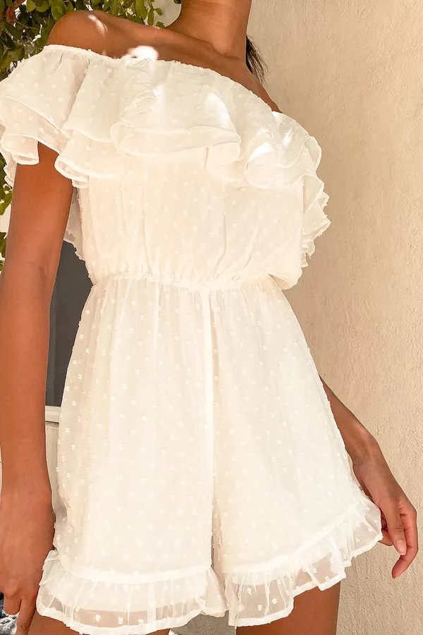 New Frilled to Bits White Swiss Dot Off-the-Shoulder Romper MSRP $58 - Image 6
