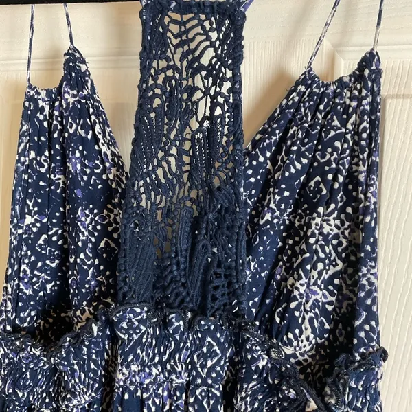 Lucky Brand John Robshaw Crochet Lace Back Maxi Dress Navy Blue White Small Boho - Image 9