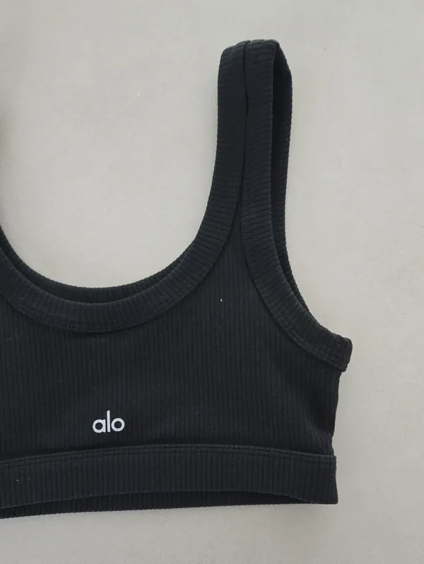 Alo Black Ribbed Wellness Slort Bra Size S - Image 3