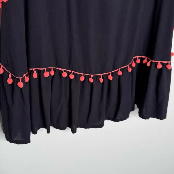 Embroidered Black Tassel Boho Pompoms Detail Mini Dress Womens Hippie Size M - Image 6