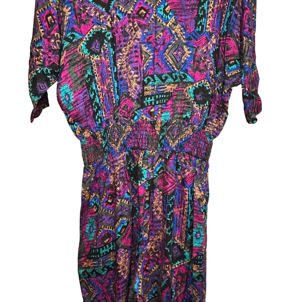 VTG En Focus Geometric Jumpsuit Purple L Rayon Southwestern Boho 90s USA Made - Image 11