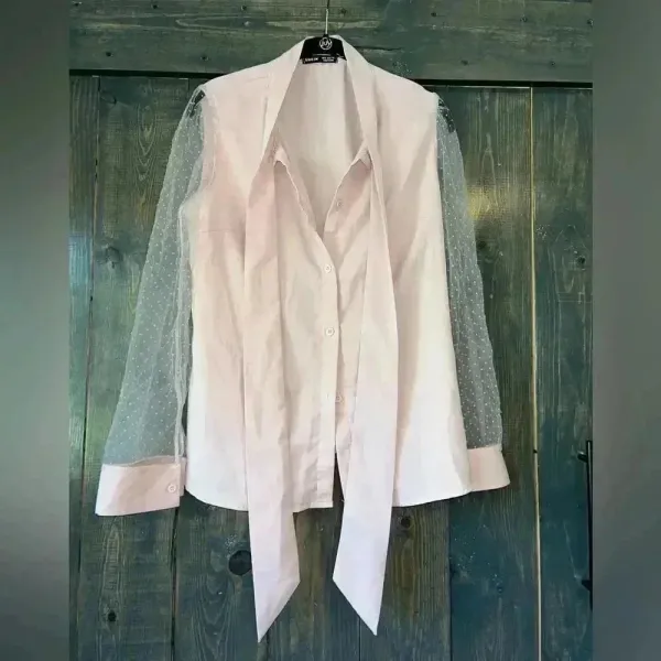 SHEIN Elegant Blush Pink Bow Blouse‎ with Mesh Dot Sleeves - Romantic Top A68 - Image 3