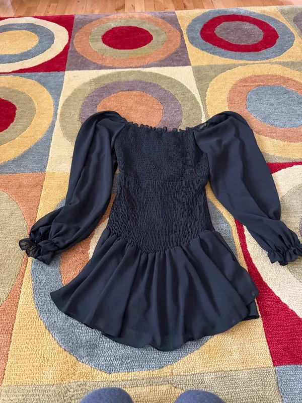 French Kiss Black Ruched Very Short Mini Dress Sheer Long Sleeve Cutout Medium - Image 5