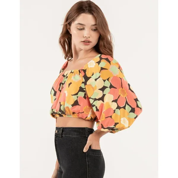 Billabong Yellow Orange Pink Floral Sun City Puff‎ Sleeve Crop Blouse Large - Image 8
