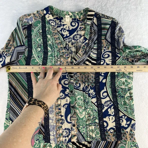 TINY Anthropologie XS Caviana Shirt‎ Dress Blue Paisley Women’s Boho Long Sleeve - Image 11