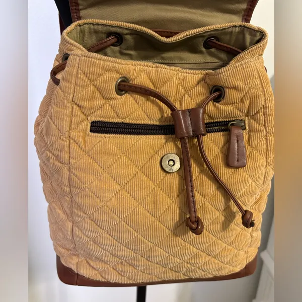 LL Bean Tan Corduroy and Lather Backpack Purse - Image 3