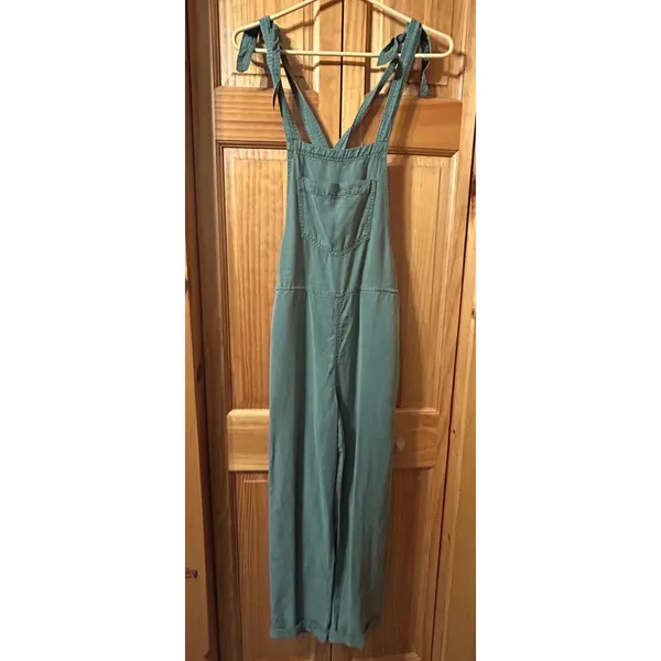 Aerie Lightweight Rolled Leg Overalls Green XS Tie Shoulder Jumpsuit Pockets‎ - Image 2