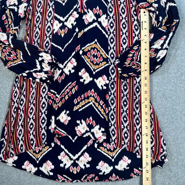 Roxy High Low Tunic Blouse Size Small 3/4 Sleeve Blue/Orange Southwestern - Image 5