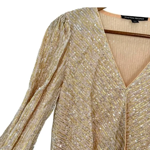Boston Proper Sequin Wrap Blouse Long Sleeve Metallic Gold‎ Beige New Years Eve - Image 3