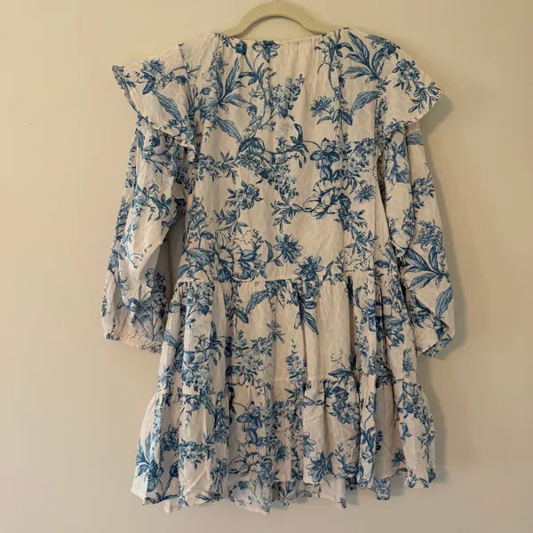 Free People Blue Floral Ruffle‎ Tiered Bib Mini Dress Long Sleeve Cotton Size XS - Image 10