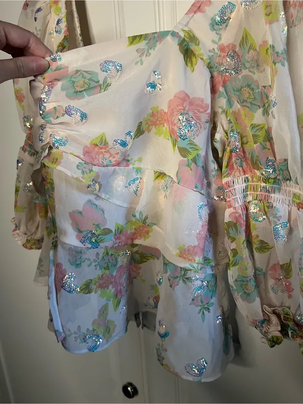 For Love & Lemons Paradis Floral Sequin Ruffle Blouse - Image 9